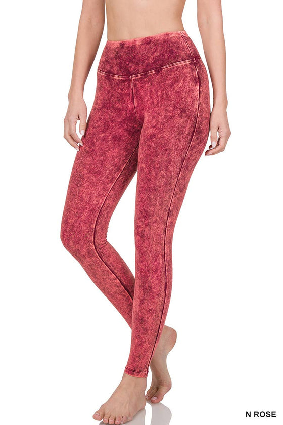 ,....SI-16456 MINERAL WASHED WIDE WAISTBAND YOGA LEGGINGS: NMAGENTA-135449 / L