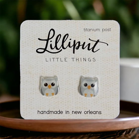 Lilliput Little Things Handmade Owl Earrings on table Front View 