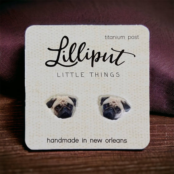 Lilliput Little Things Handmade Pug Dog Earrings on dark background Front View