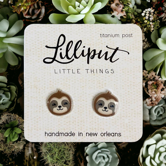 Lilliput Little Things Handmade Sloth Earrings on succulent background Front View 