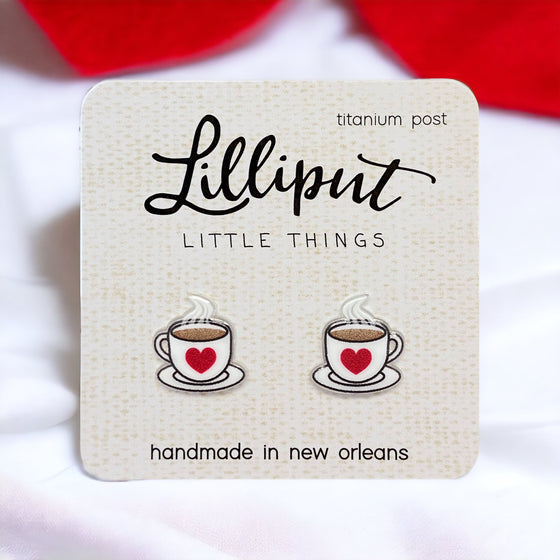Lilliput Little Things Handmade Coffee Cup Earrings with red and white background 