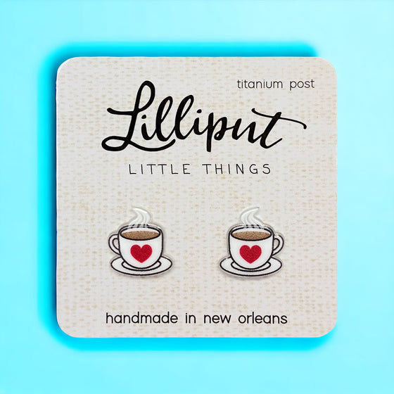 Lilliput Little Things Handmade Coffee Cup Earrings with blue background