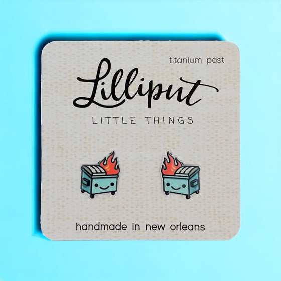 Lilliput Little Things Handmade Kawaii Dumpster Fire Earrings with light blue background - Front View