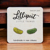 Lilliput Little Things Handmade Pickle Earrings on wood backdrop Front View 