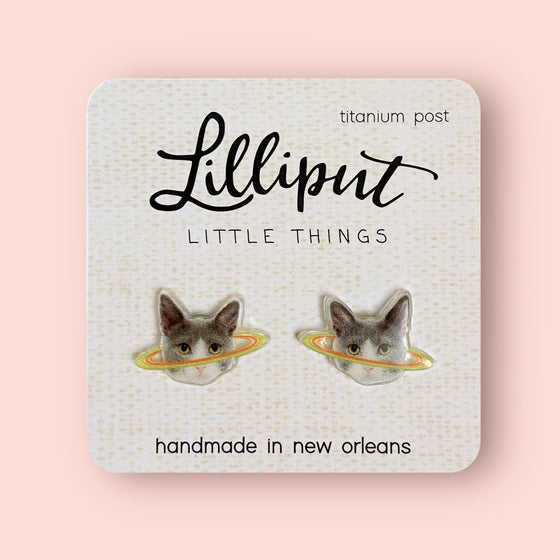 Lilliput Little Things Caturn Earrings Handmade New Orleans with pink background