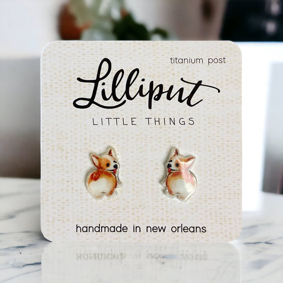 Lilliput Little Things Handmade Corgi Butt Earrings on kitchen counter