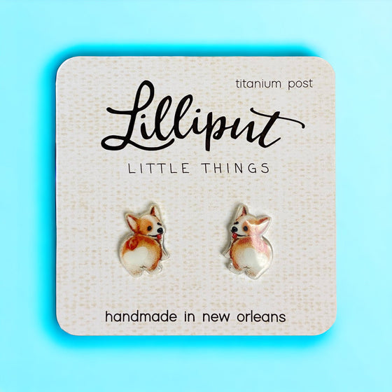 Lilliput Little Things Handmade Corgi Butt Earrings with blue background