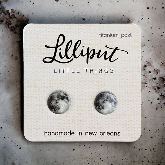 Lilliput Little Things Handmade Moon Earrings on countertop Front View