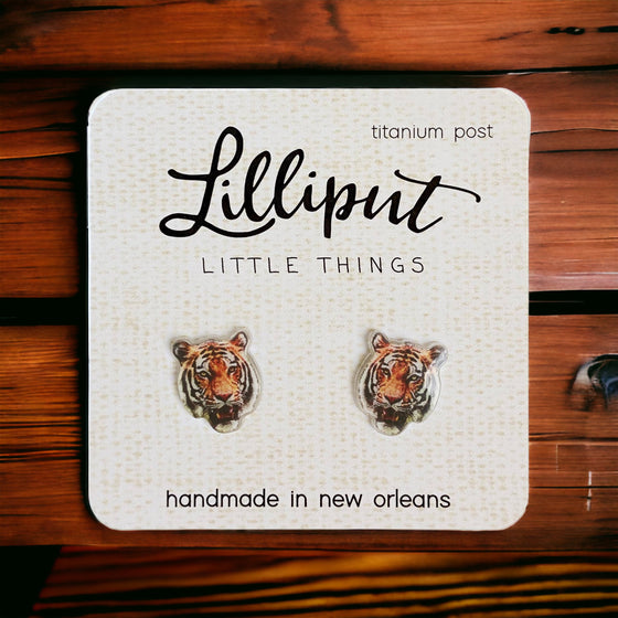 Lilliput Little Things Handmade Tiger Earrings on wood background Front View Cincinnati Bengals
