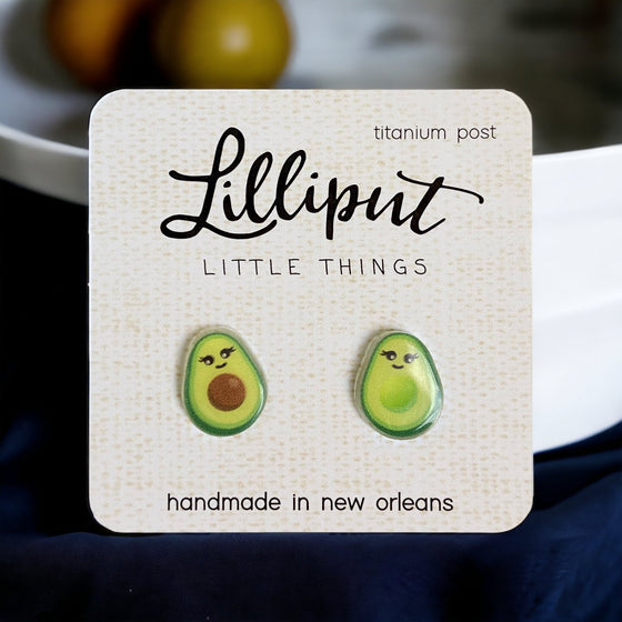 Lilliput Little Things Handmade Kawaii Avocado Earrings with kitchen background