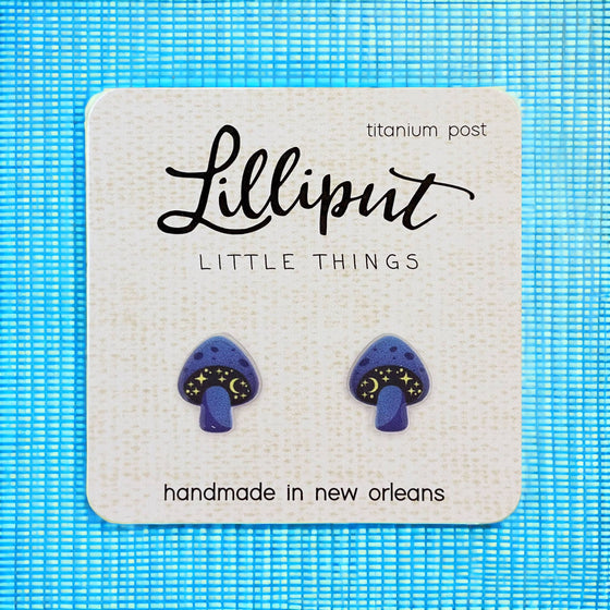 Lilliput Little Things Handmade Cosmic Mushroom Earrings with blue netted background