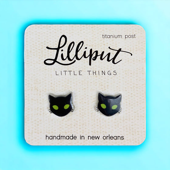 Lilliput Little Things Handmade Spooky Black Cat Earrings on light blue background Front View