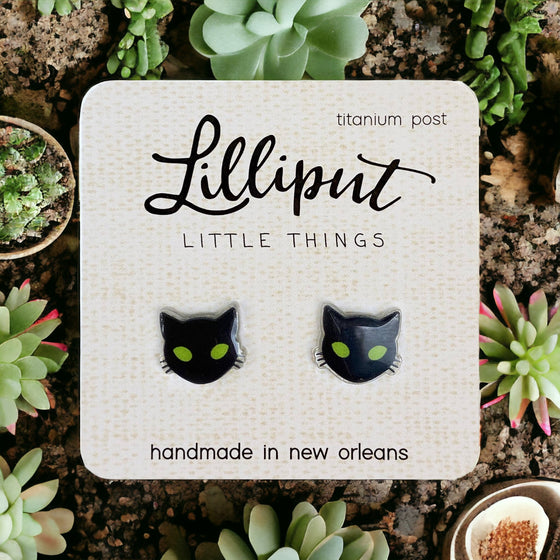 Lilliput Little Things Handmade Spooky Black Cat Earrings on succulent background Front View
