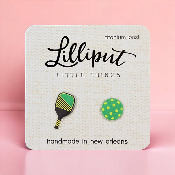 Lilliput Little Things Handmade Pickleball Earrings on pink background Front View