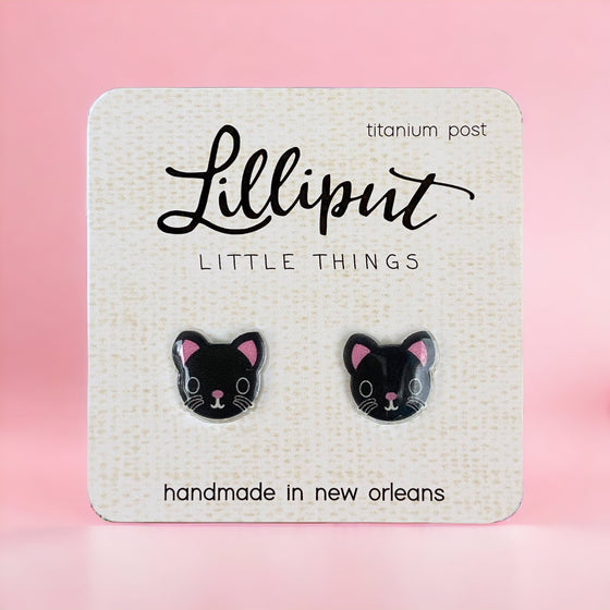 Lilliput Little Things Handmade Kitty Cat Earrings: Black on pink background - Front View 