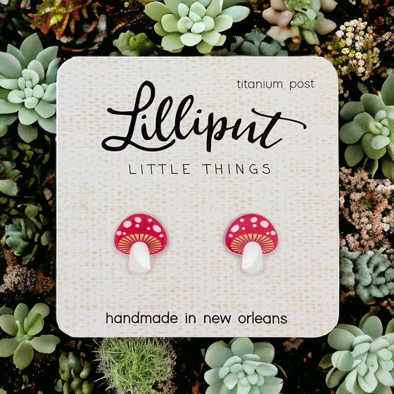 Lilliput Little Things Handmade Mushroom Earrings on succulent background Front View
