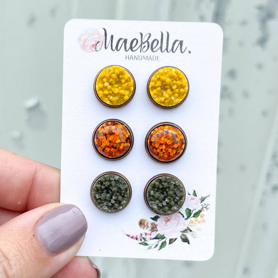 MaeBella Handmade 3-Pack Stud Earring Set Glitter Fall - Front View 