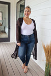 Lady Wearing Afternoon Shade Sheer Cardigan on front porch - Front View