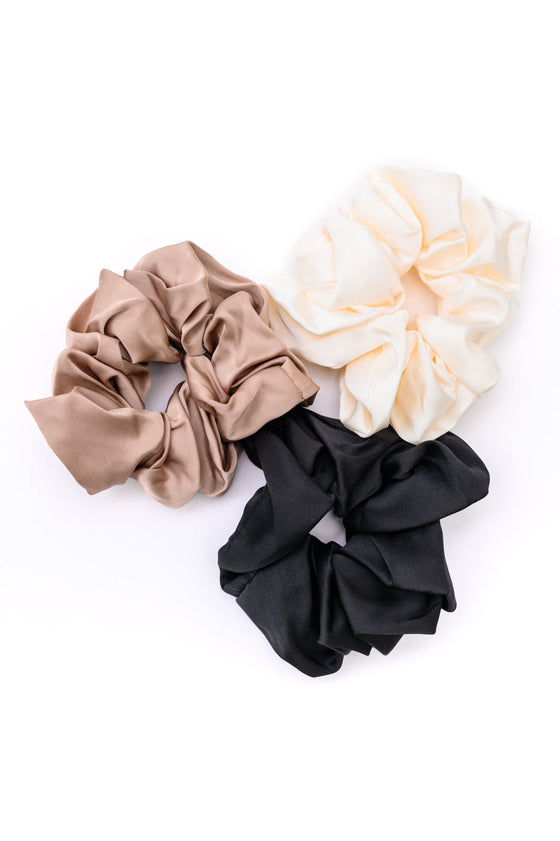 3-Pack Khaki, Cream and Black Silk Hair Scrunchie Set