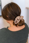 Women Wearing Taupe Silk Hair Scrunchie