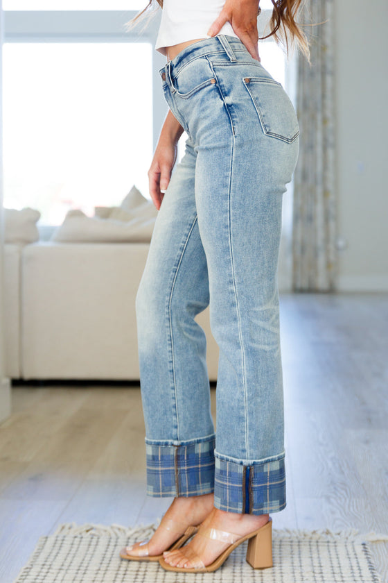 Miranda High Rise Plaid Cuff Vintage Straight Jeans Side View 