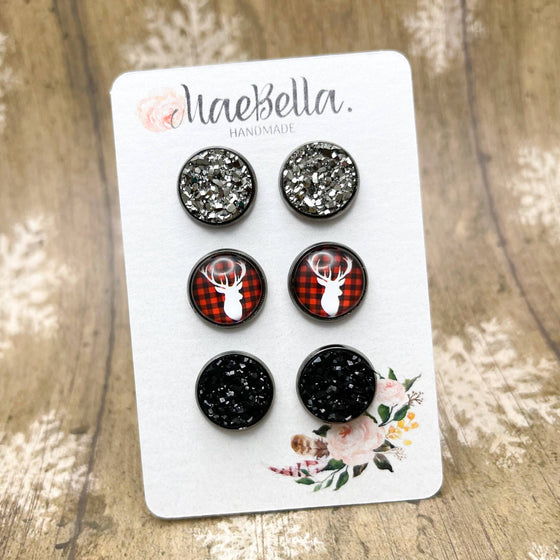 MaeBella Handmade Buffalo Plaid Christmas 3-Pack Stud Earring Set 