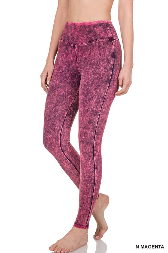 ,....SI-16456 MINERAL WASHED WIDE WAISTBAND YOGA LEGGINGS: NMAGENTA-135449 / XL